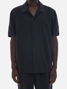Helmut Lang Men's Black Linen Soft Tonal Logo Roll-Tab Button-Up Shirt Size XL